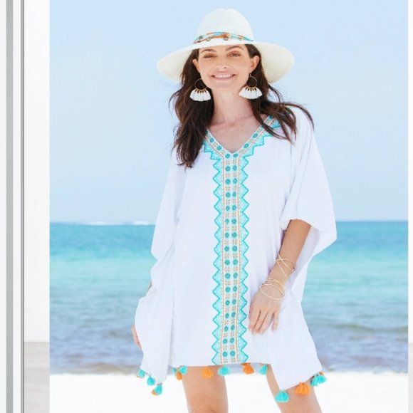 NEW Cabana Life Embroidered Pom Tassel Swim Cover Up S M - Picture 1 of 11